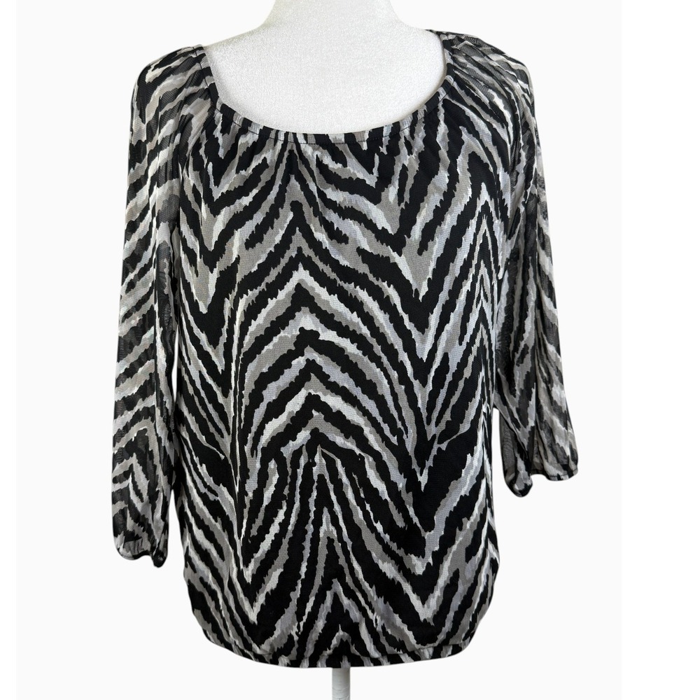 INC International Concepts L Black Gray Zebra Print 3/4 Sleeve Nylon Blouse